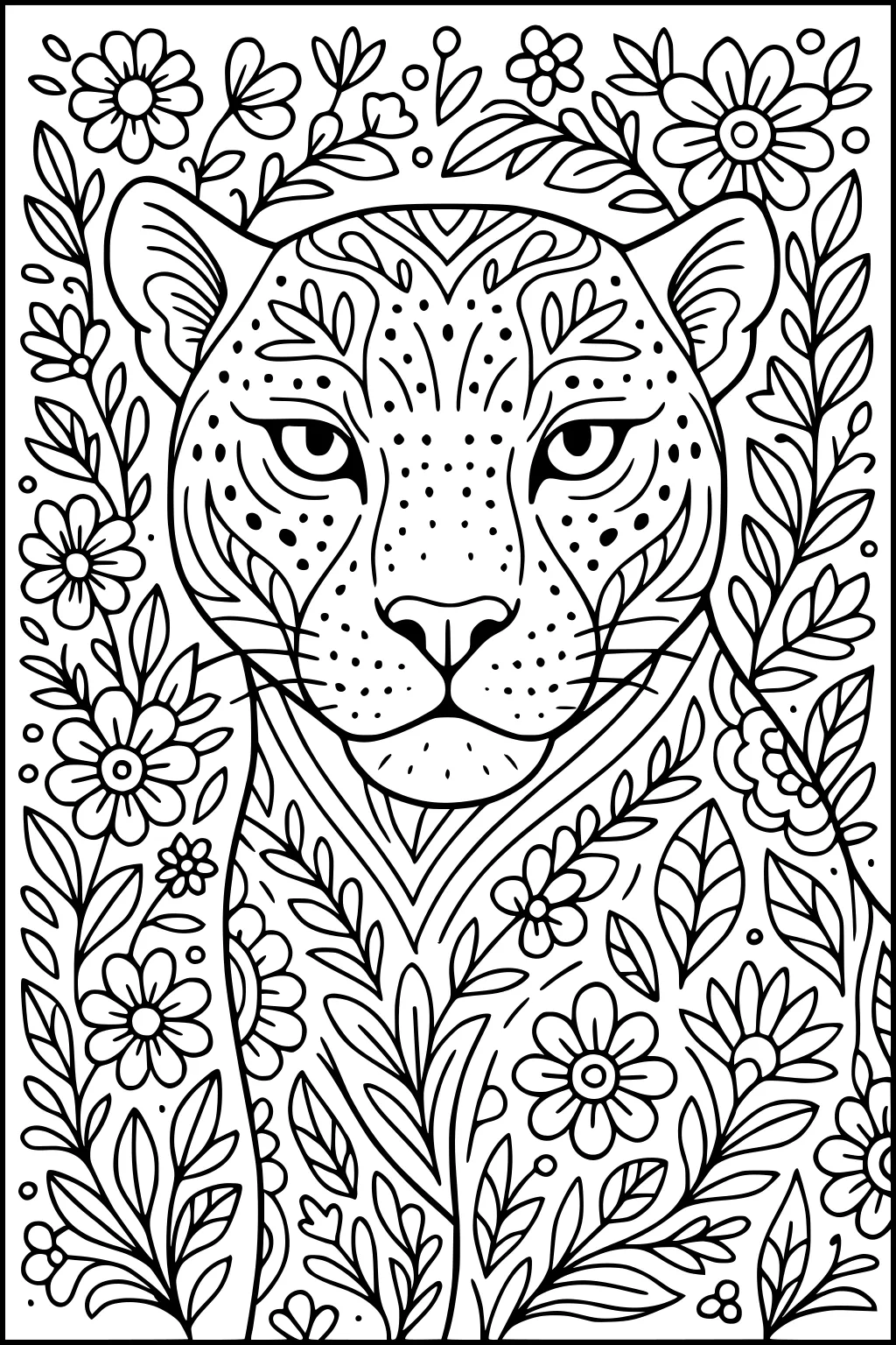 Panther with decorated fur sits surrounded by flowers and leafy branches on a detailed jungle background.