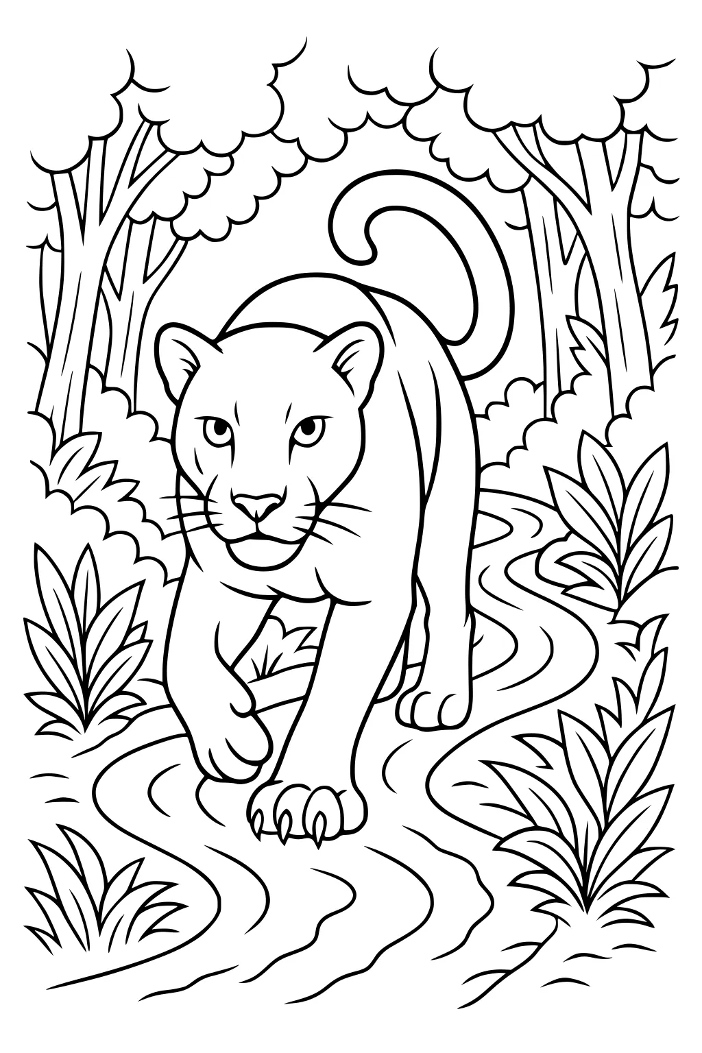 A panther walks on a winding stream through a forest with leafy trees and bushes on both sides.