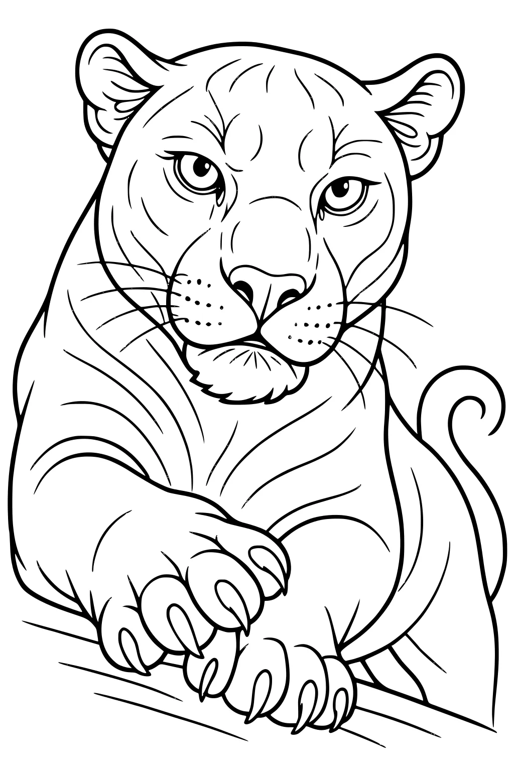 Panther with big paws resting on a branch, wide eyes, round ears, and a curling tail line drawing.
