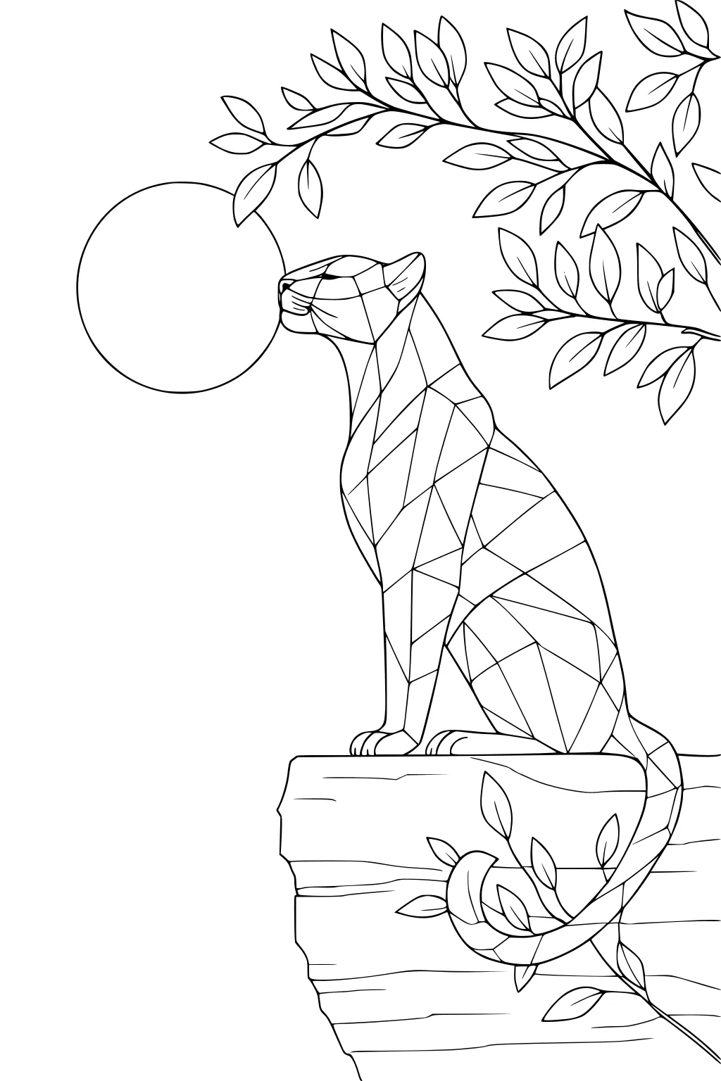Geometric panther sitting on a rock ledge under leafy branches with the sun in the background.