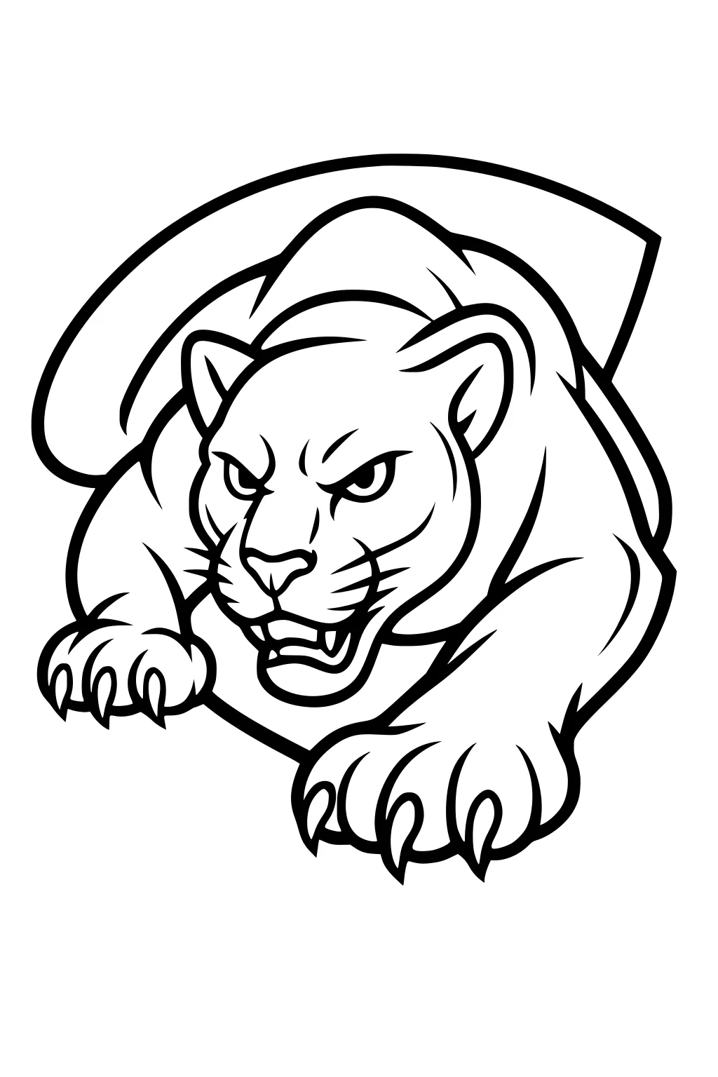 Crouching panther with extended claws, alert eyes, and arched back, outlined in a bold line style.