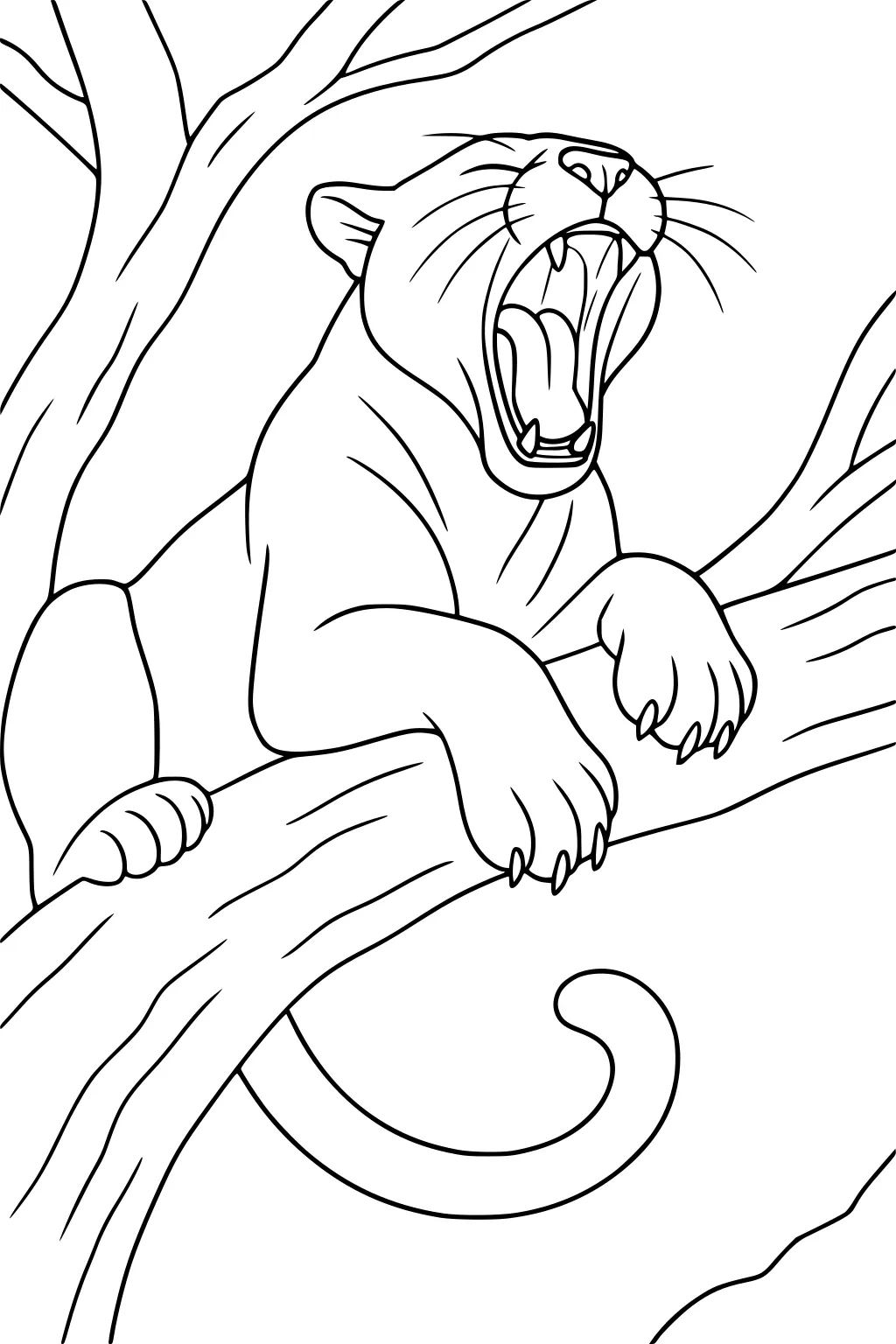 Panther yawning on a tree branch with mouth open and front paws hanging over the edge