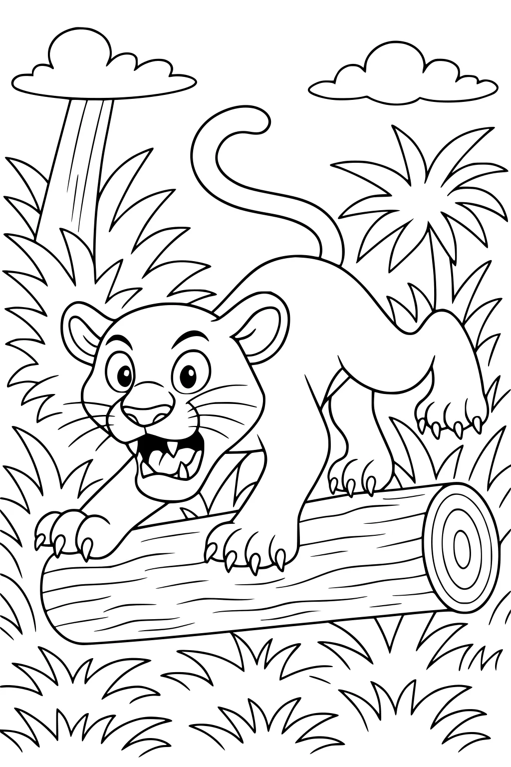 Panther cub with open mouth on jungle log, surrounded by grass, palm trees, and clouds.
