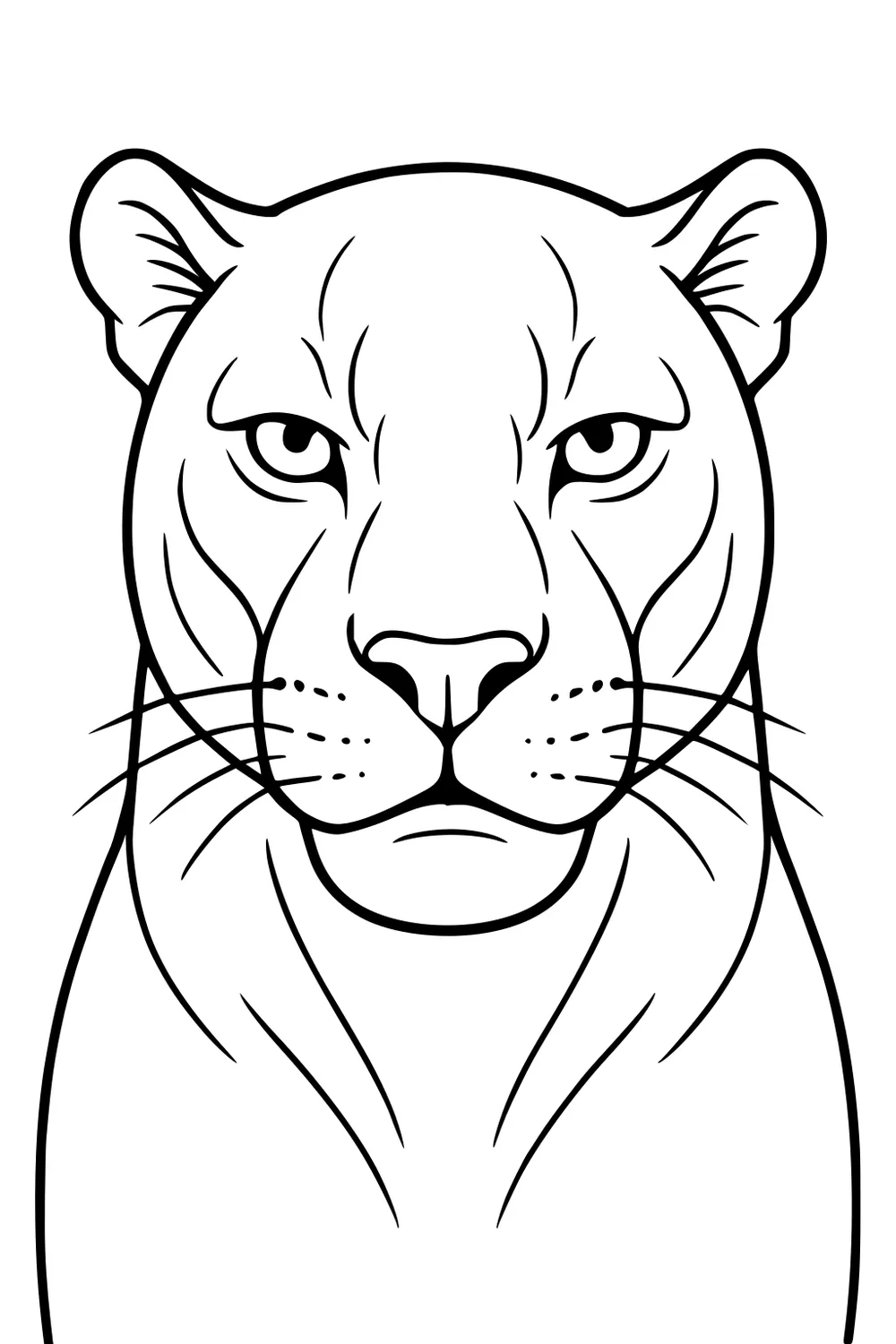 Line art of a panther facing forward with round ears, wide eyes, fur details, whiskers, and chest visible.