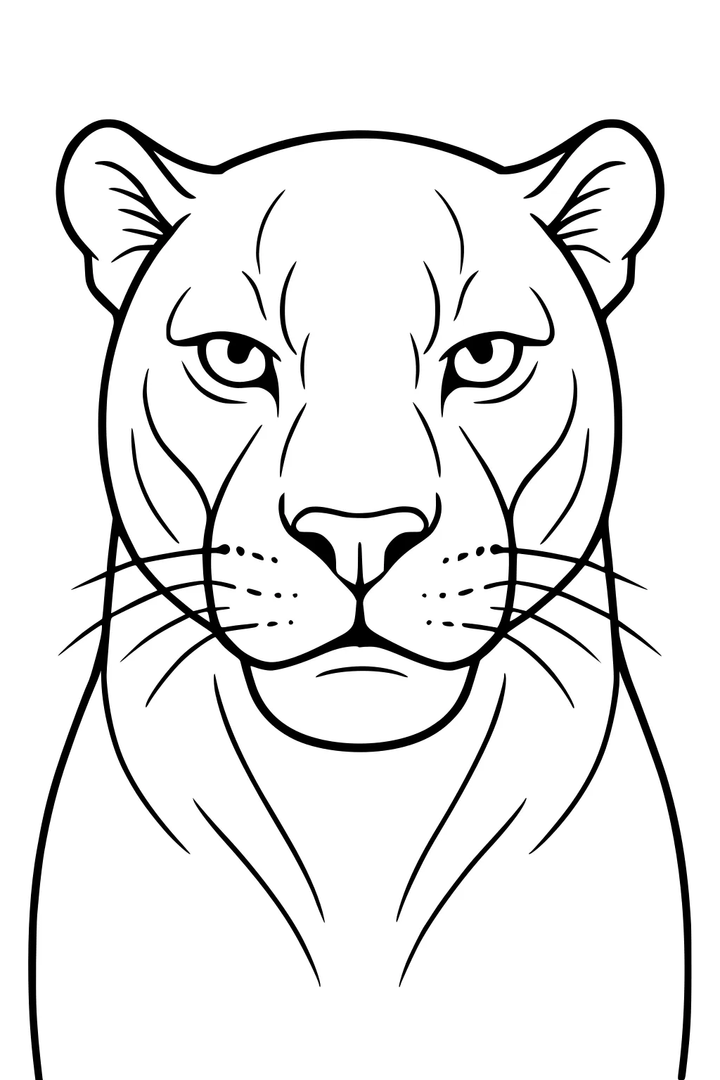 Line art of a panther facing forward with round ears, wide eyes, fur details, whiskers, and chest visible.