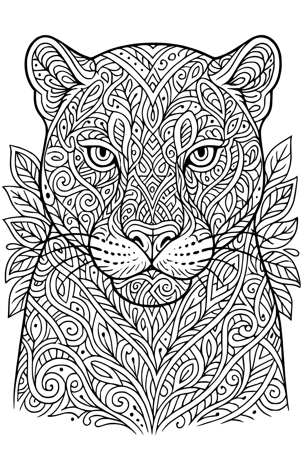 Jaguar panther face with swirling lines, leafy shapes, and bold patterns filling the entire head and background.