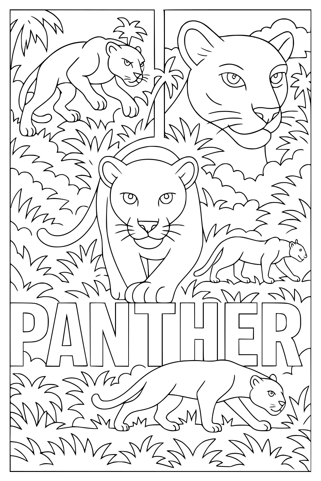 Multiple panthers walking and crouching in jungle bushes with one large panther face and the word Panther at the bottom.
