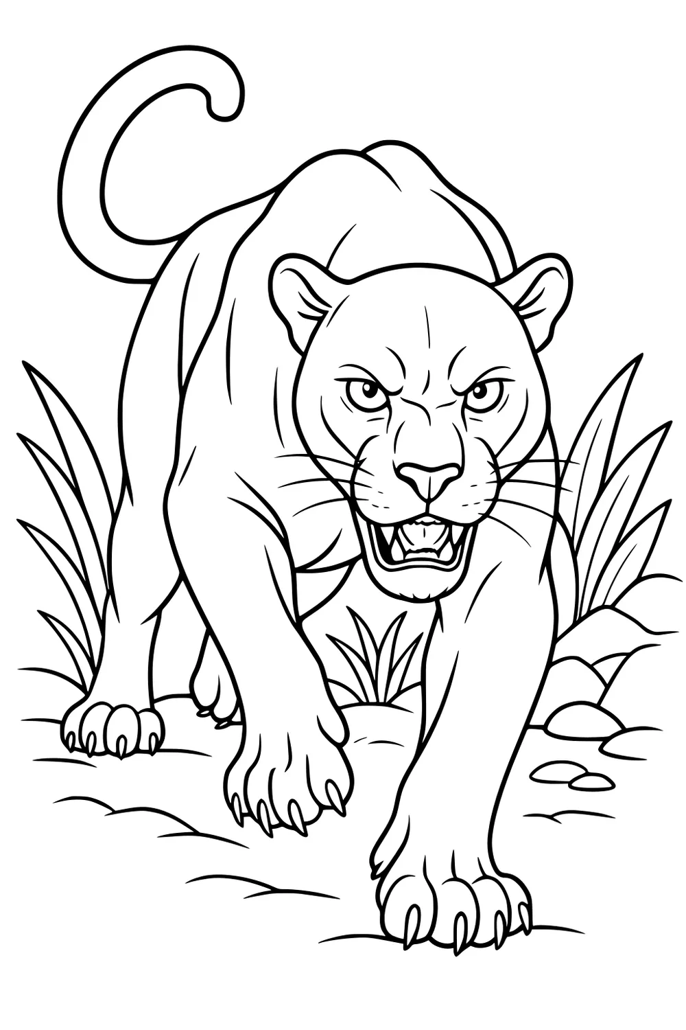 Panther walking low to the ground in grass, mouth open, tail raised, front paw stretched ahead, stones nearby.