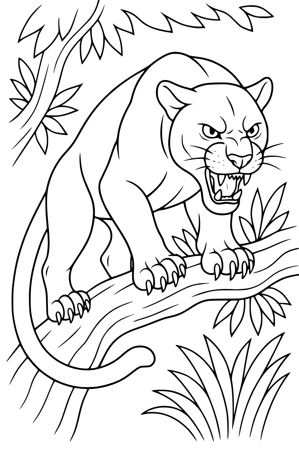 Panther with open mouth and claws out, standing on jungle tree branch with leaves around.
