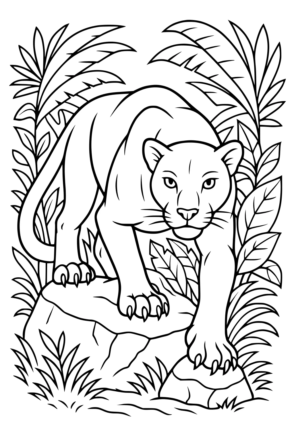 Panther stepping over a rock with leafy jungle plants and grass in the background.