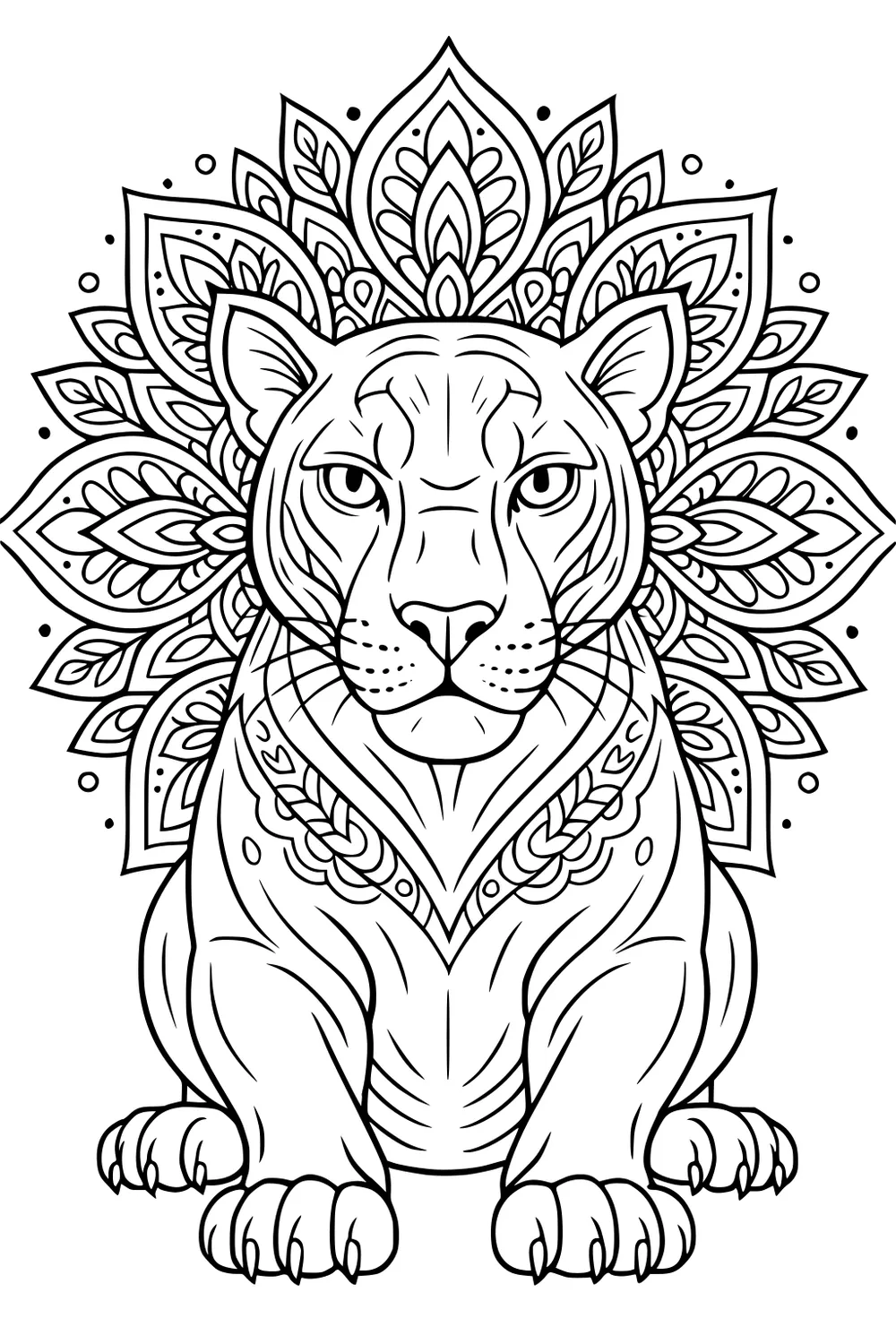 Panther sitting with detailed mandala flower shapes radiating behind its head, facing forward.