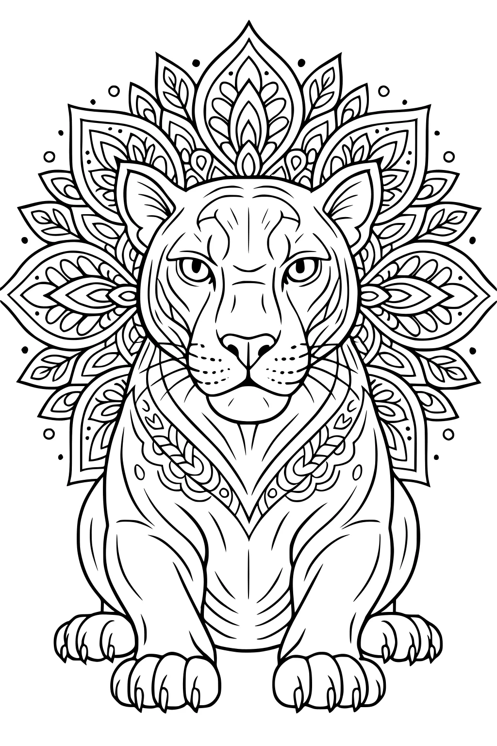 Panther sitting with detailed mandala flower shapes radiating behind its head, facing forward.