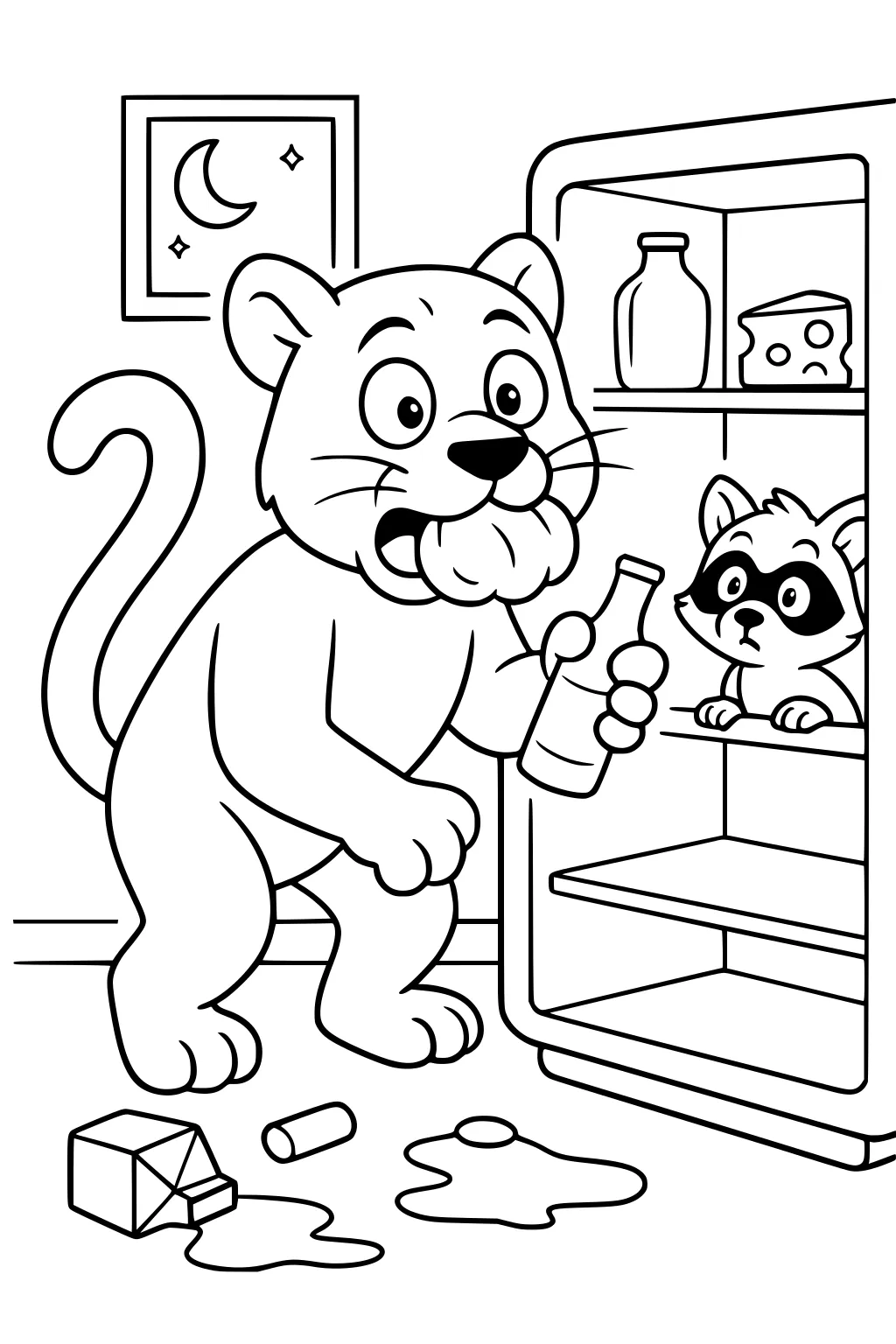Young panther with milk on mouth stands at open fridge holding bottle. Raccoon peeks from shelf. Spilled milk and food on floor.