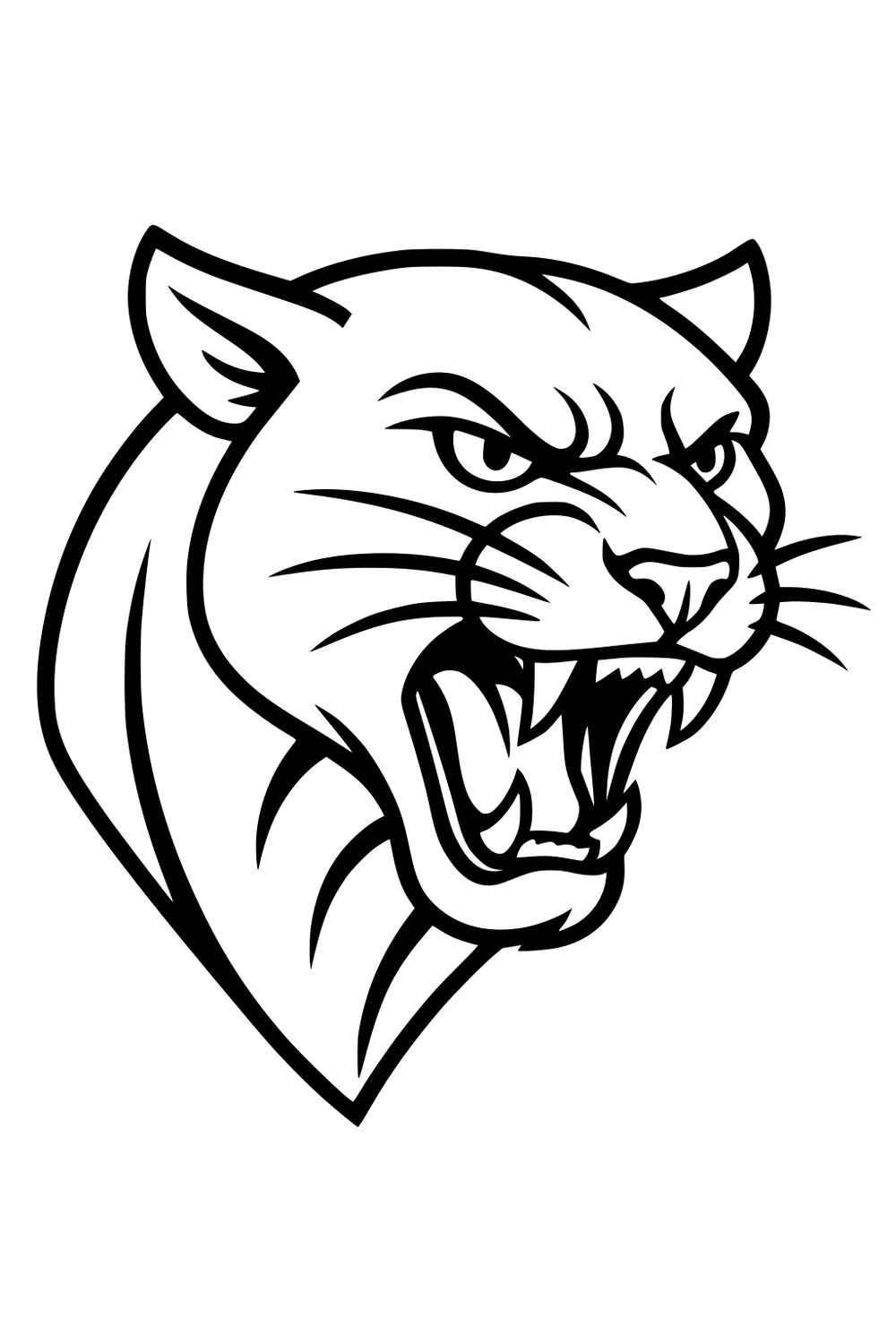 Black and white outline drawing of a panther's head with open mouth, sharp teeth, pointed ears, and proud expression.