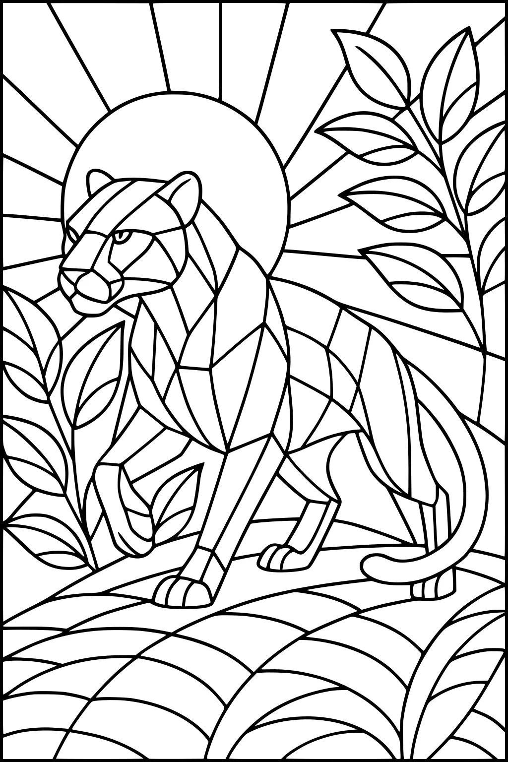 Geometric panther stands in grass with leaves and sun rays in the background.
