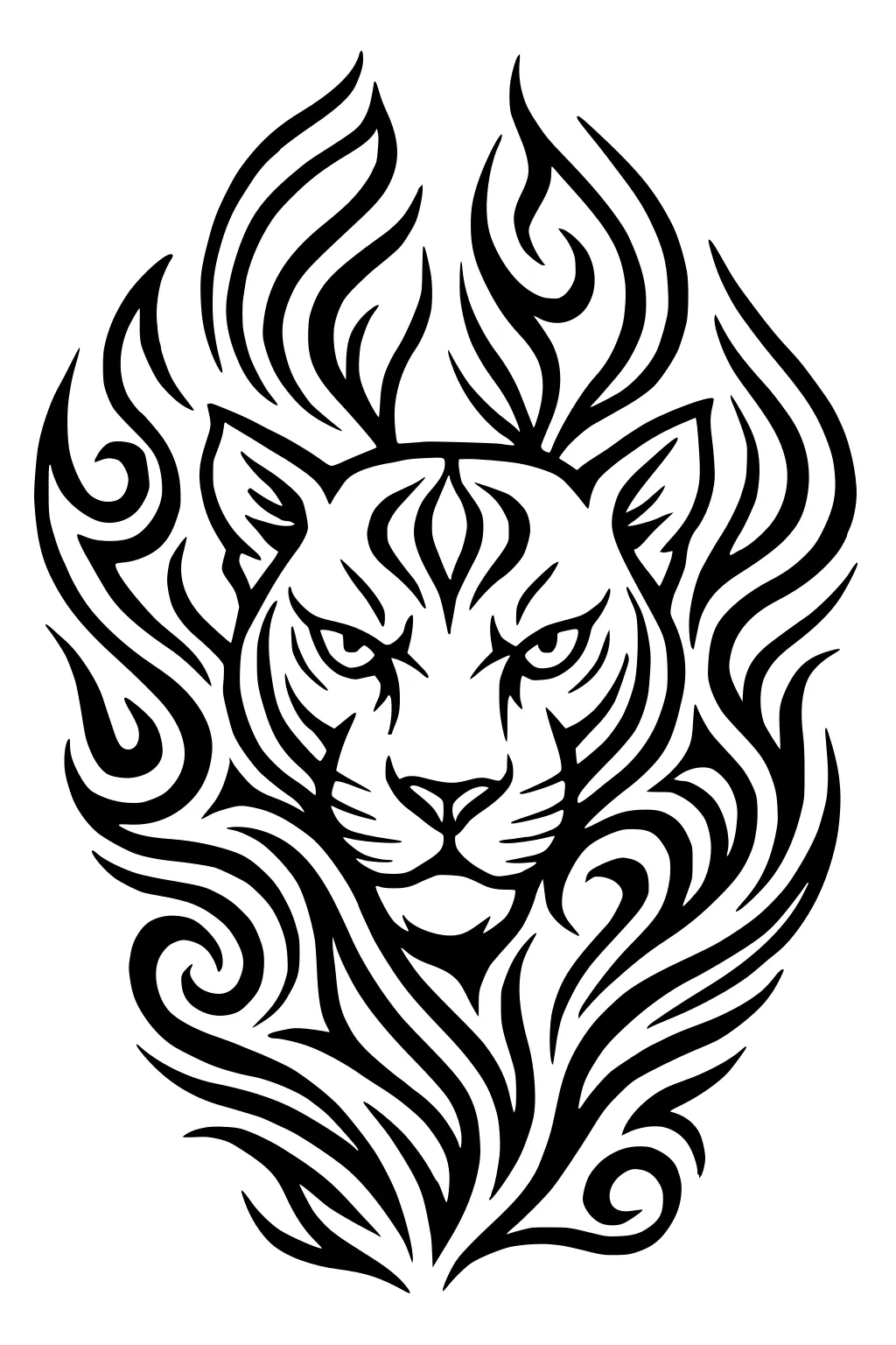 Panther face in swirling black lines with abstract curved shapes all around.