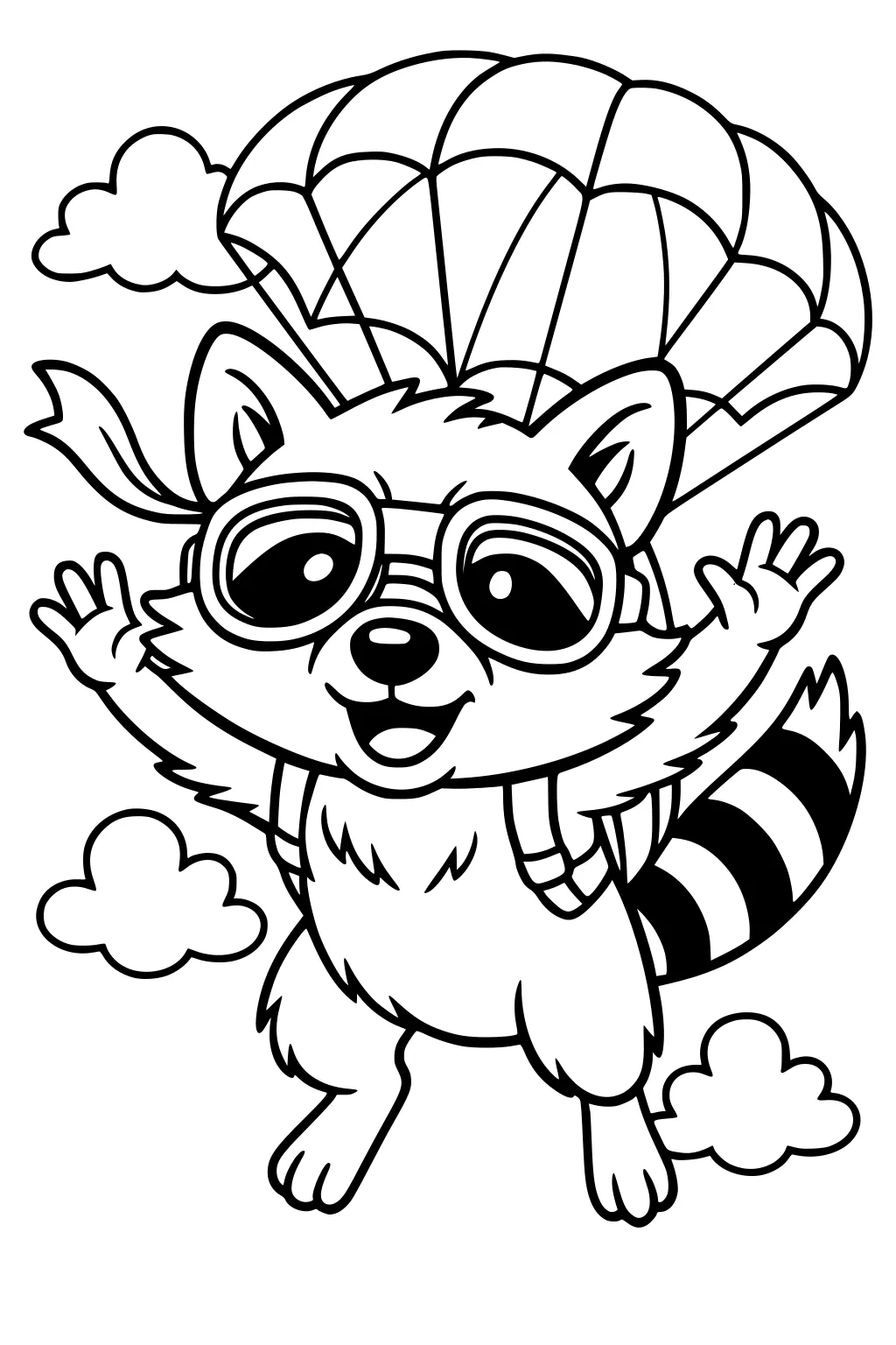 Raccoon with goggles parachuting in the sky, backpack on, scarf trailing, and three fluffy clouds around him.