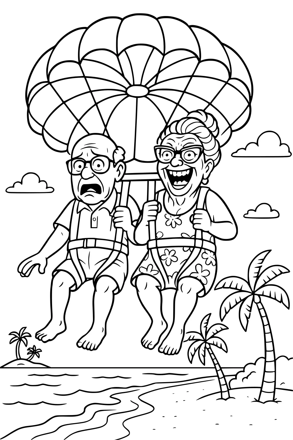 Grandma laughs, Grandpa looks scared, parasailing over a beach with a big parachute, palm trees, waves, and small clouds.