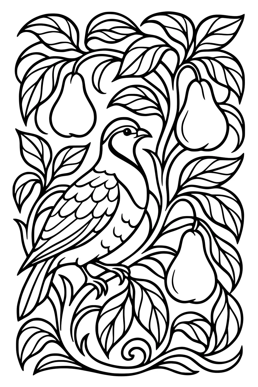 Partridge perched among curling pear tree branches with layered leaves and three pears, drawn with thick decorative outlines.