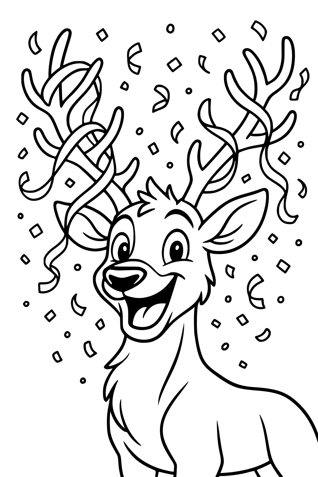 Smiling cartoon deer with antlers covered in ribbons and confetti falling around