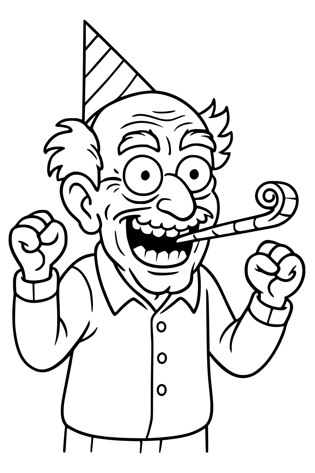 Cartoon grandpa in striped party hat with noisemaker, fists raised, wide grin, button-up shirt, tufts of hair and eyebrows.