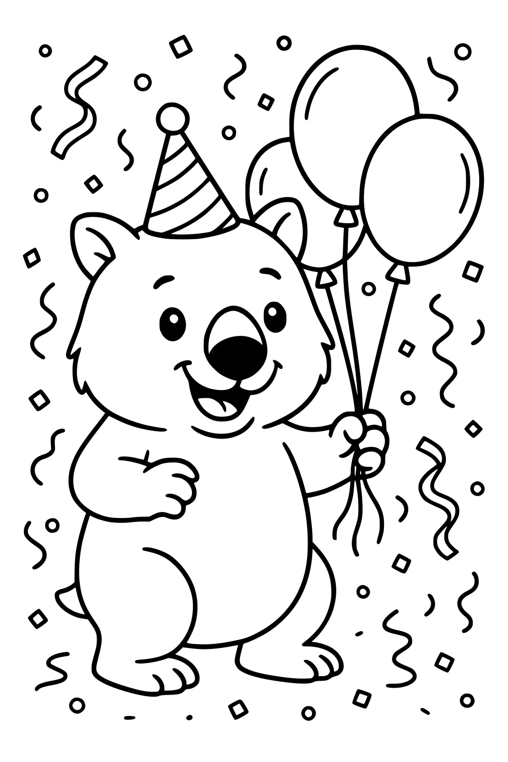 Smiling wombat in a striped party hat holding three balloons with confetti and curling streamers around him.