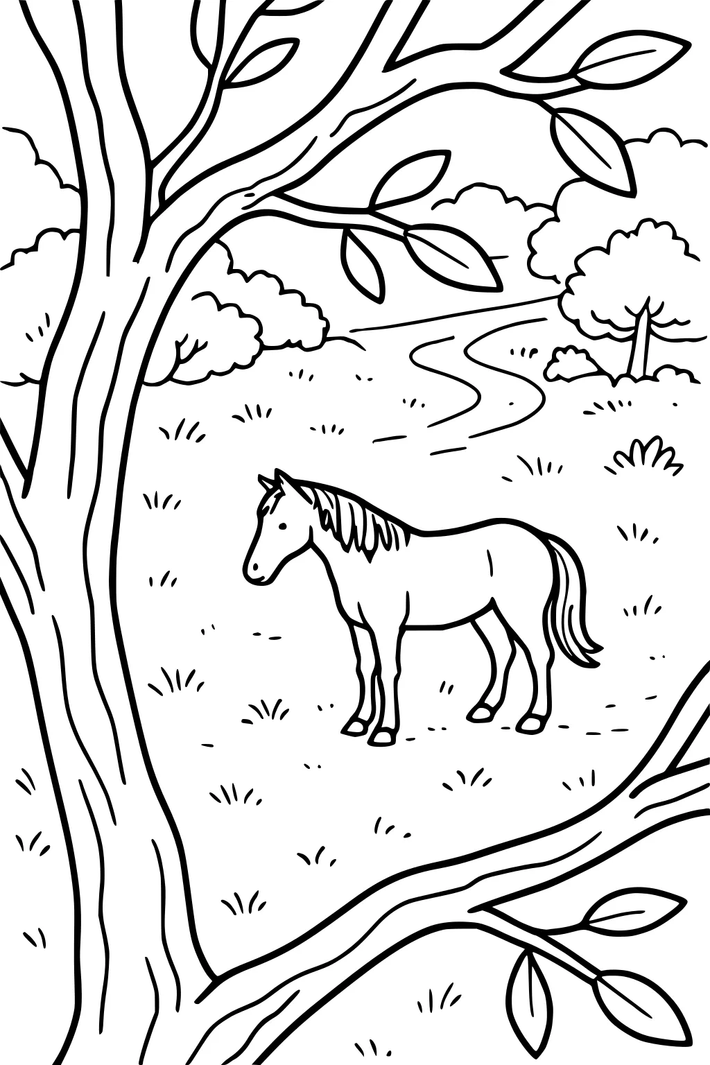Horse in a field with grass, trees, bushes, a winding path, and large branches framing the scene.