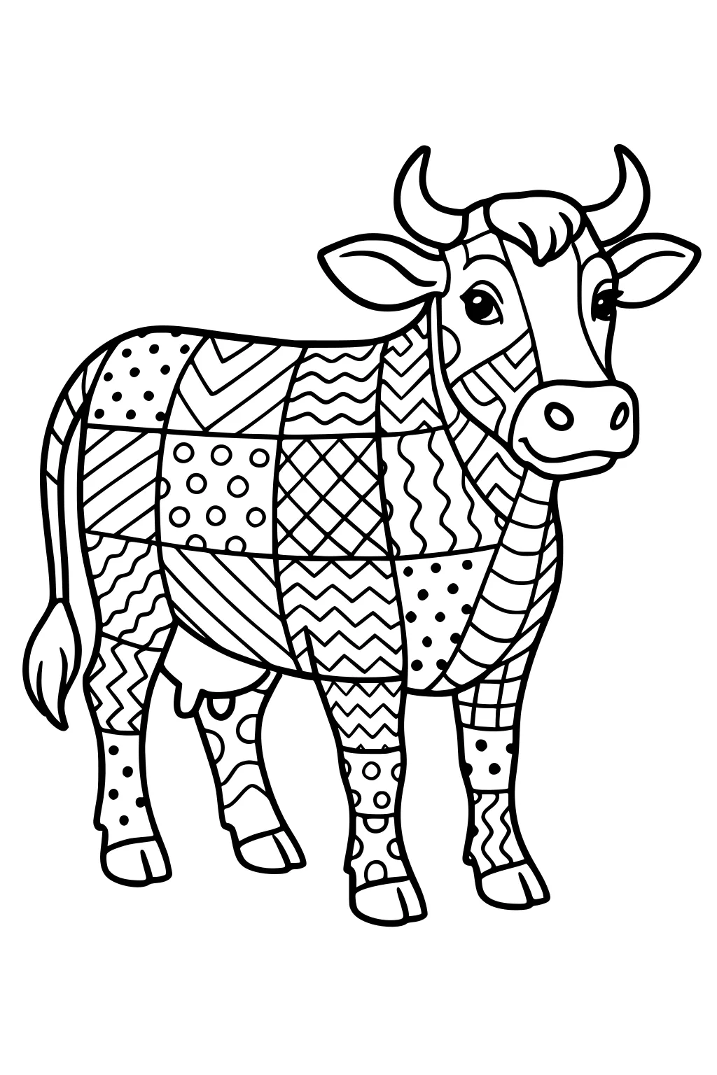 Cow standing with patchwork patterns covering body, including dots, stripes, and wavy lines, with a friendly face.