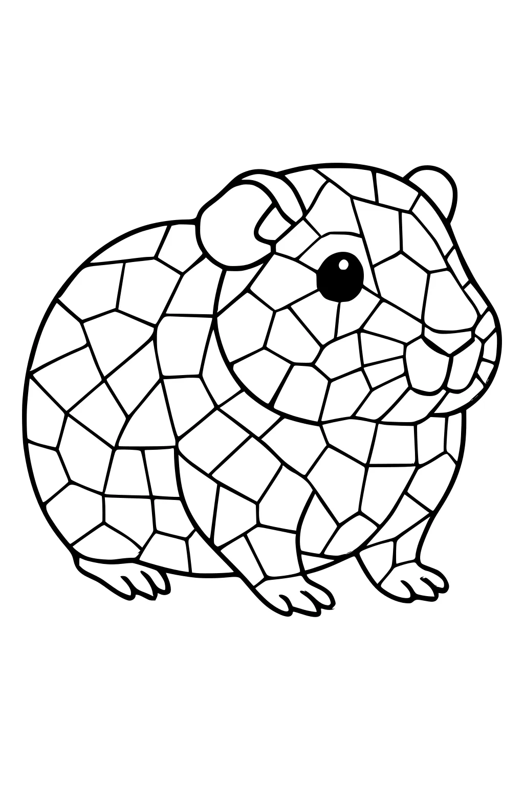 Guinea pig outlined in mosaic-style patchwork, sitting with small paws and large round eye, facing forward.