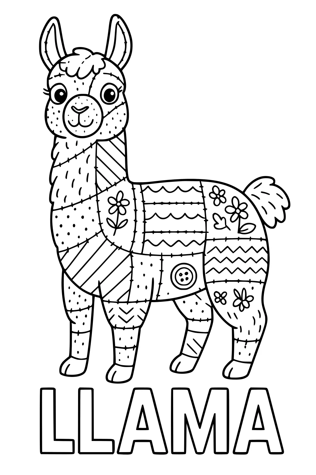Smiling llama with patchwork fur, flowers, stripes, and stitched patterns. Large letters spell LLAMA below the animal.