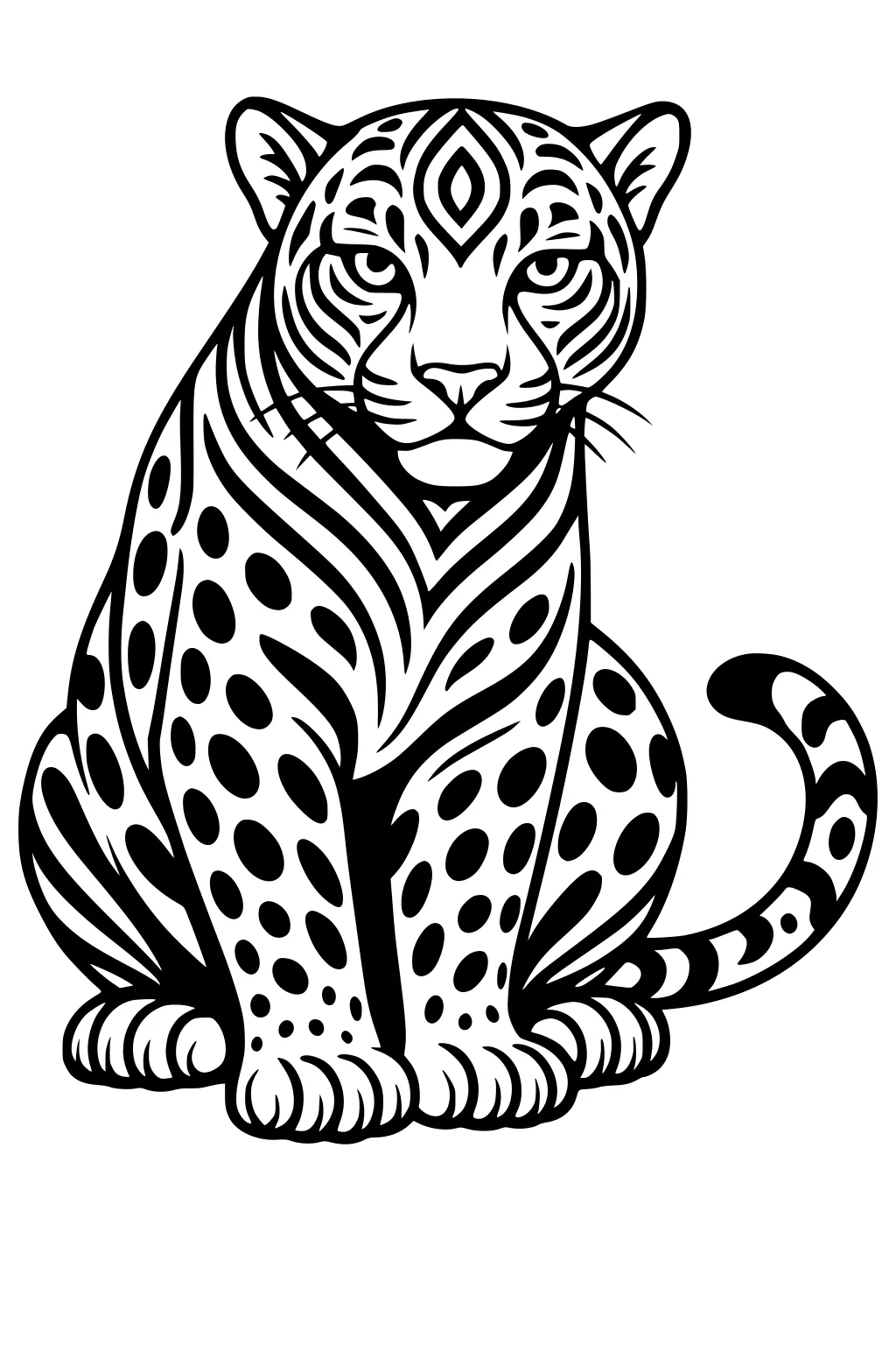 Front-facing leopard sitting with spots, curved tail, and bold line patterns on head and body.