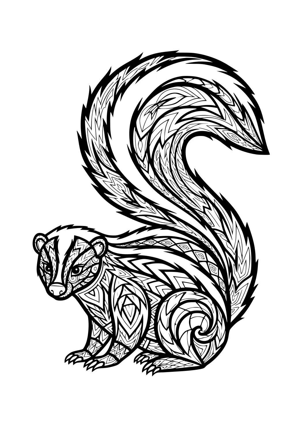 Skunk with bold zigzag and swirl patterns covering its body and tail, sitting and facing forward.