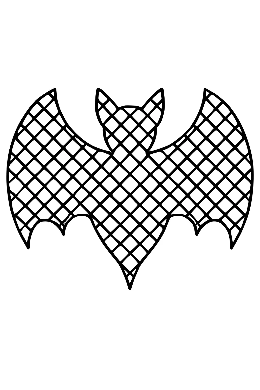 Outlined bat with spread wings, filled by a diagonal crisscross grid. The shape has pointy ears and a scalloped wing edge.
