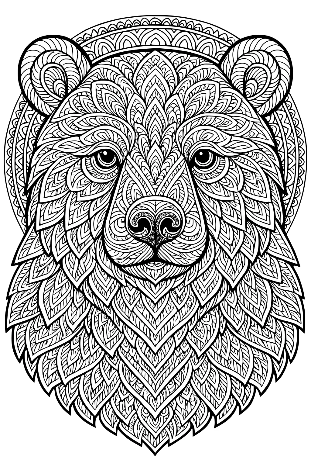 Bear head with intricate leaf and swirl patterns, big round eyes, and a decorative circular border.