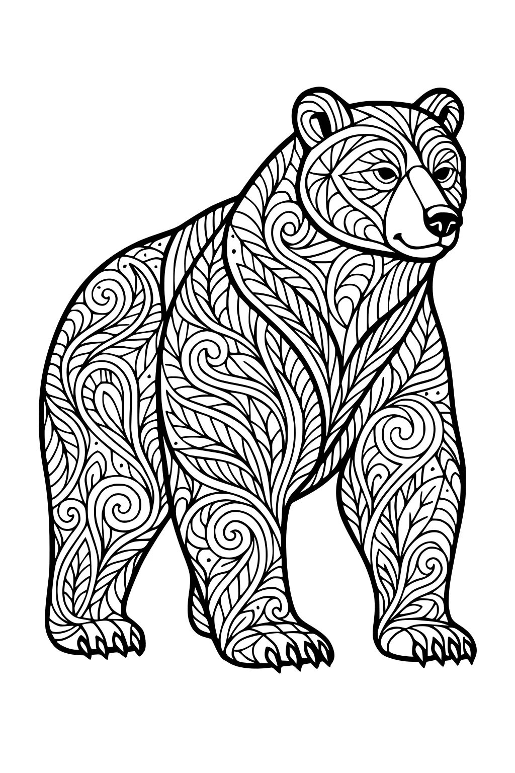 Outlined bear with swirling and leaf patterns covering its body and face, standing on all fours.