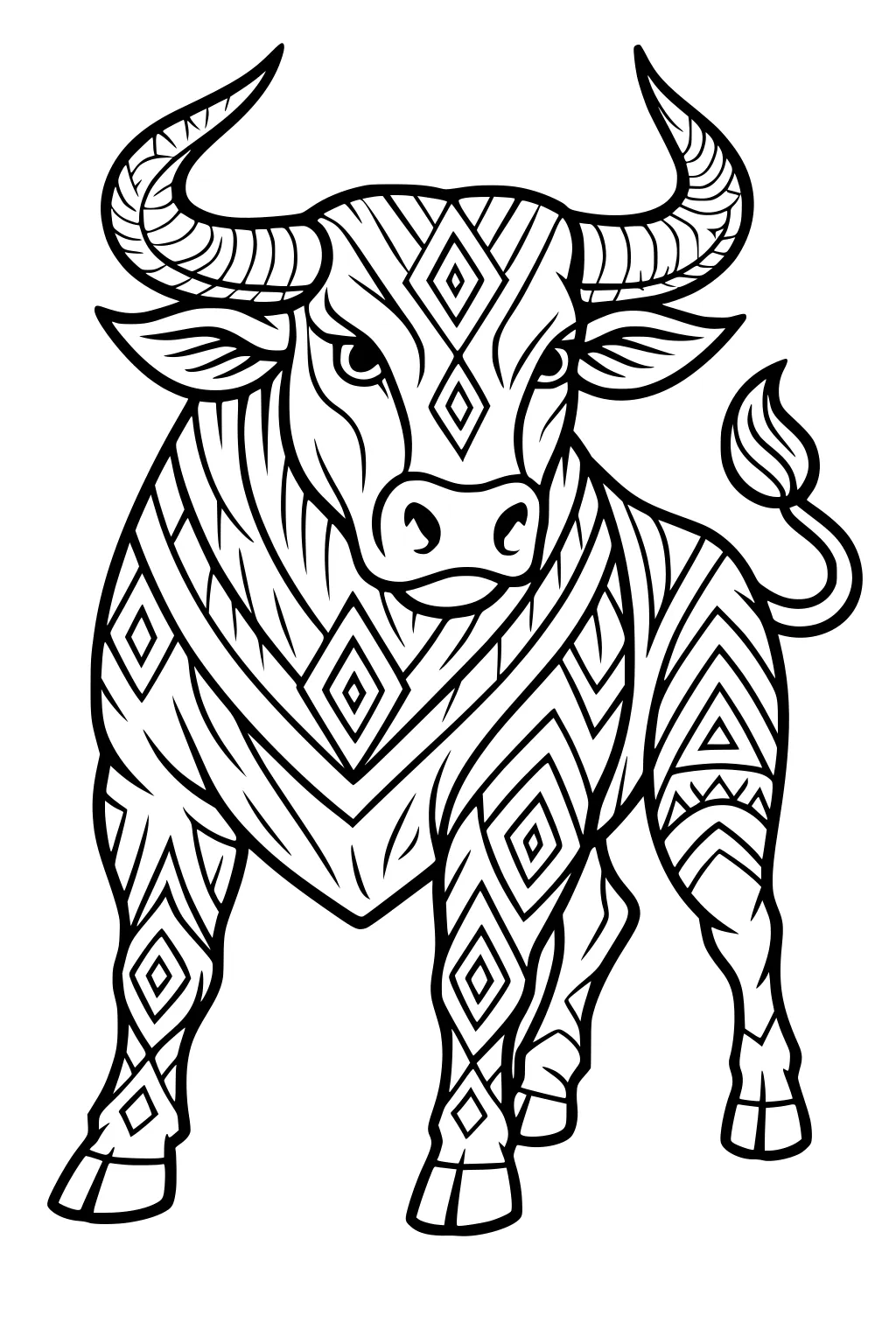 Bull with large curved horns, alert eyes, and a patterned body with diamonds and zigzag lines.