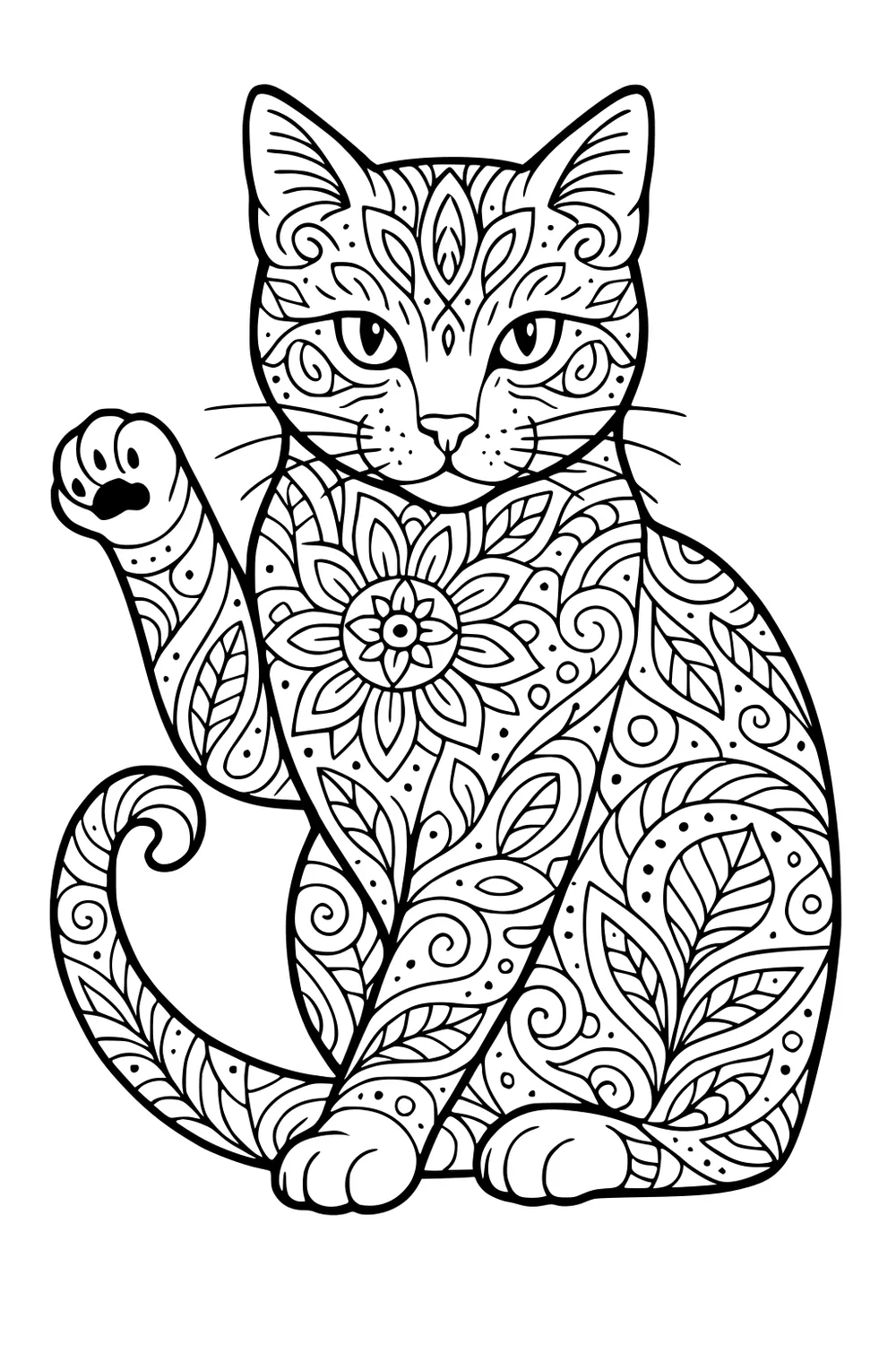 Cat with detailed flower and leaf patterns sitting, one paw raised, surrounded by swirls and ornamental designs.