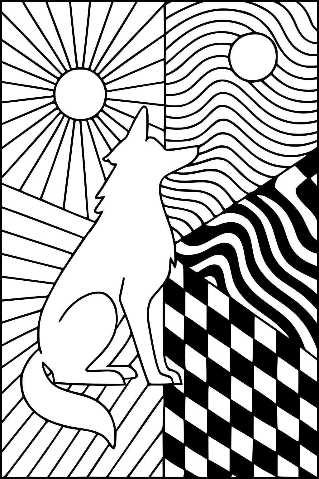 Coyote sits in profile with head raised, surrounded by sunburst rays, wavy lines, and black-and-white checkerboard patterns.