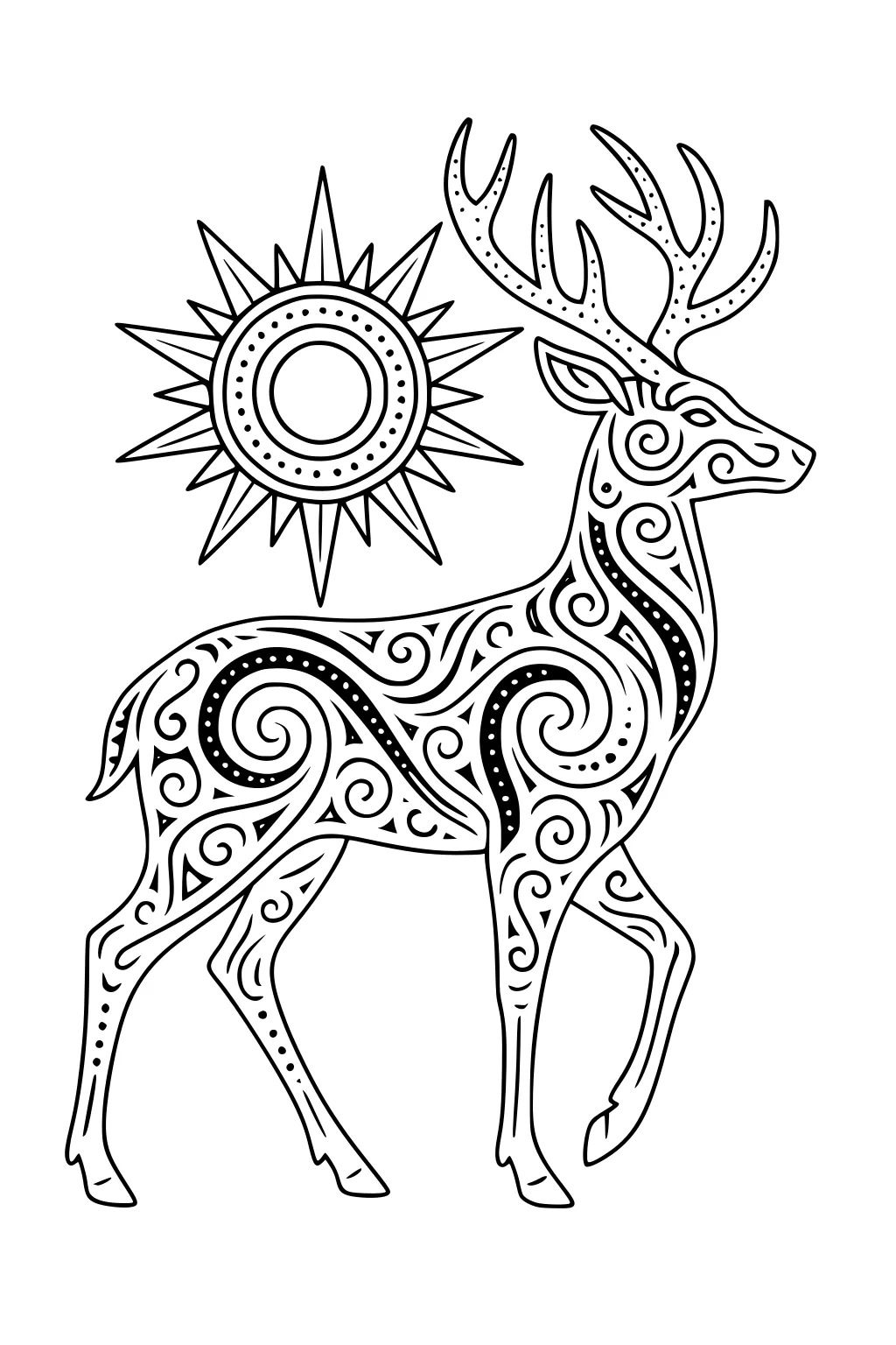 Deer with spiral and swirl patterns on its body, standing beside a spiky sun with a circular center.