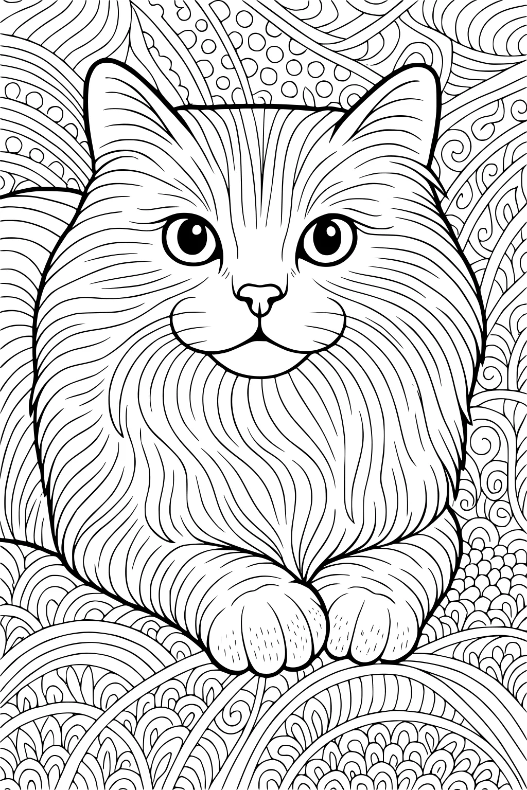 Fluffy cat with big eyes and front paws tucked, surrounded by detailed swirly and dotted background patterns.