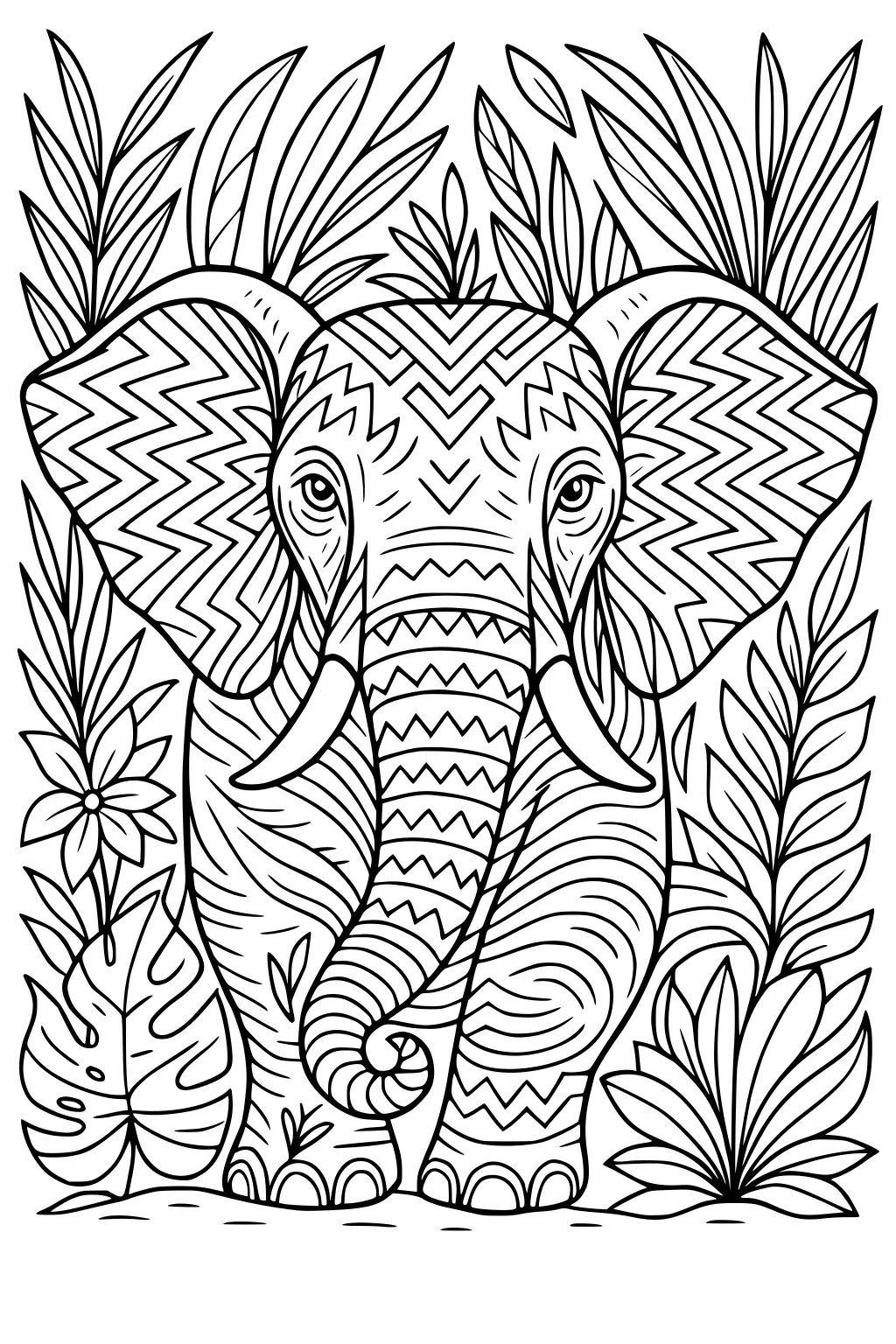 Elephant with zigzag patterns on ears and body, surrounded by leafy plants and flowers in a jungle scene.