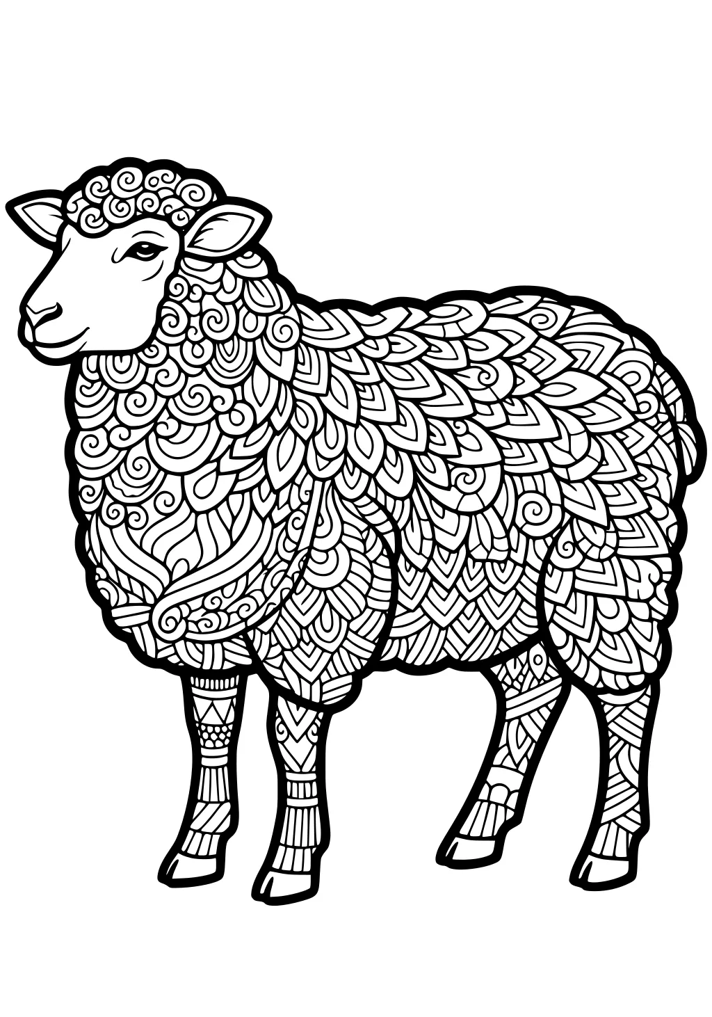 Sheep with highly detailed swirly and leafy patterned wool, standing on four legs, looking slightly to the left.