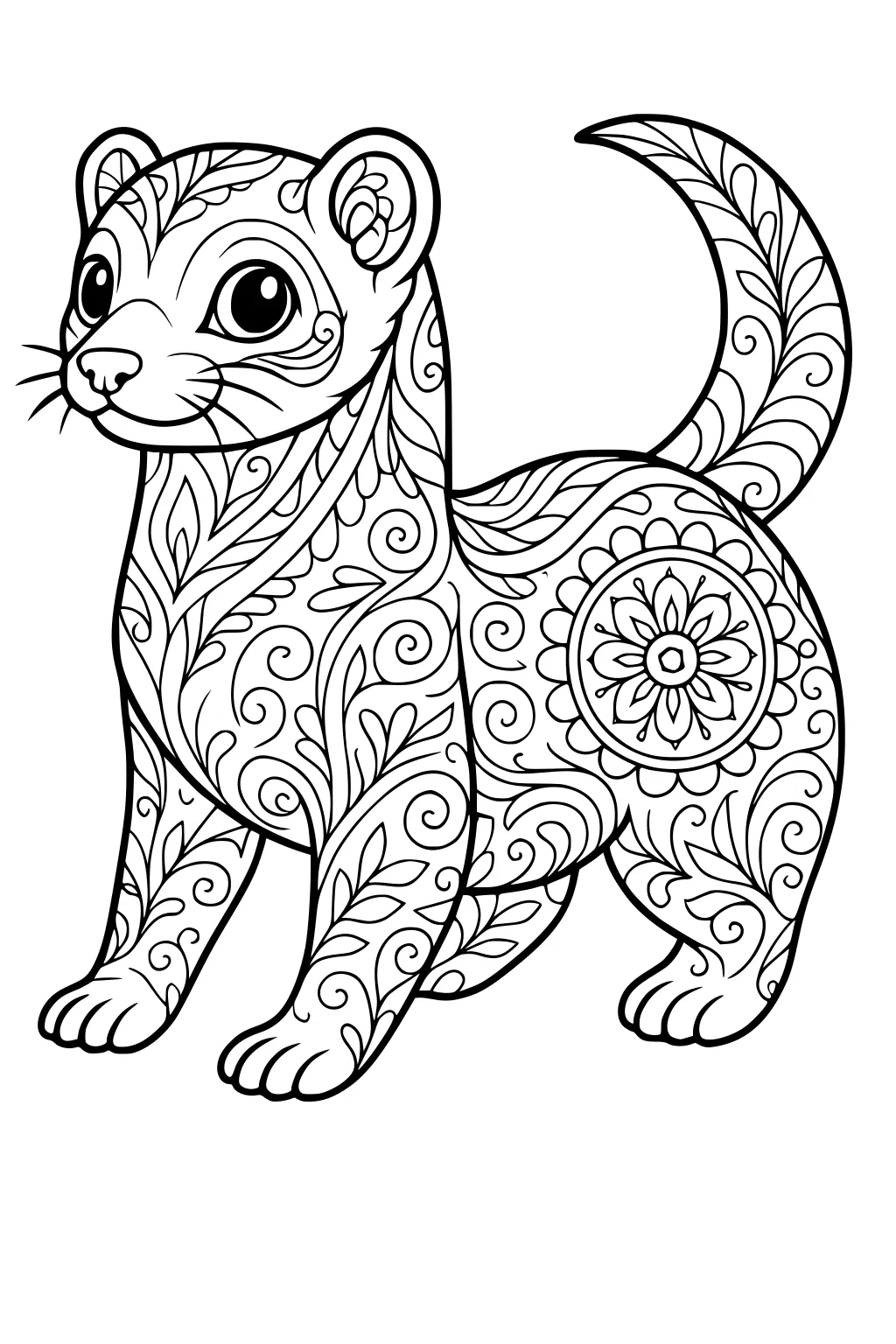 Ferret with swirling leaf and flower designs covering its body, standing with big eyes and a curved tail.