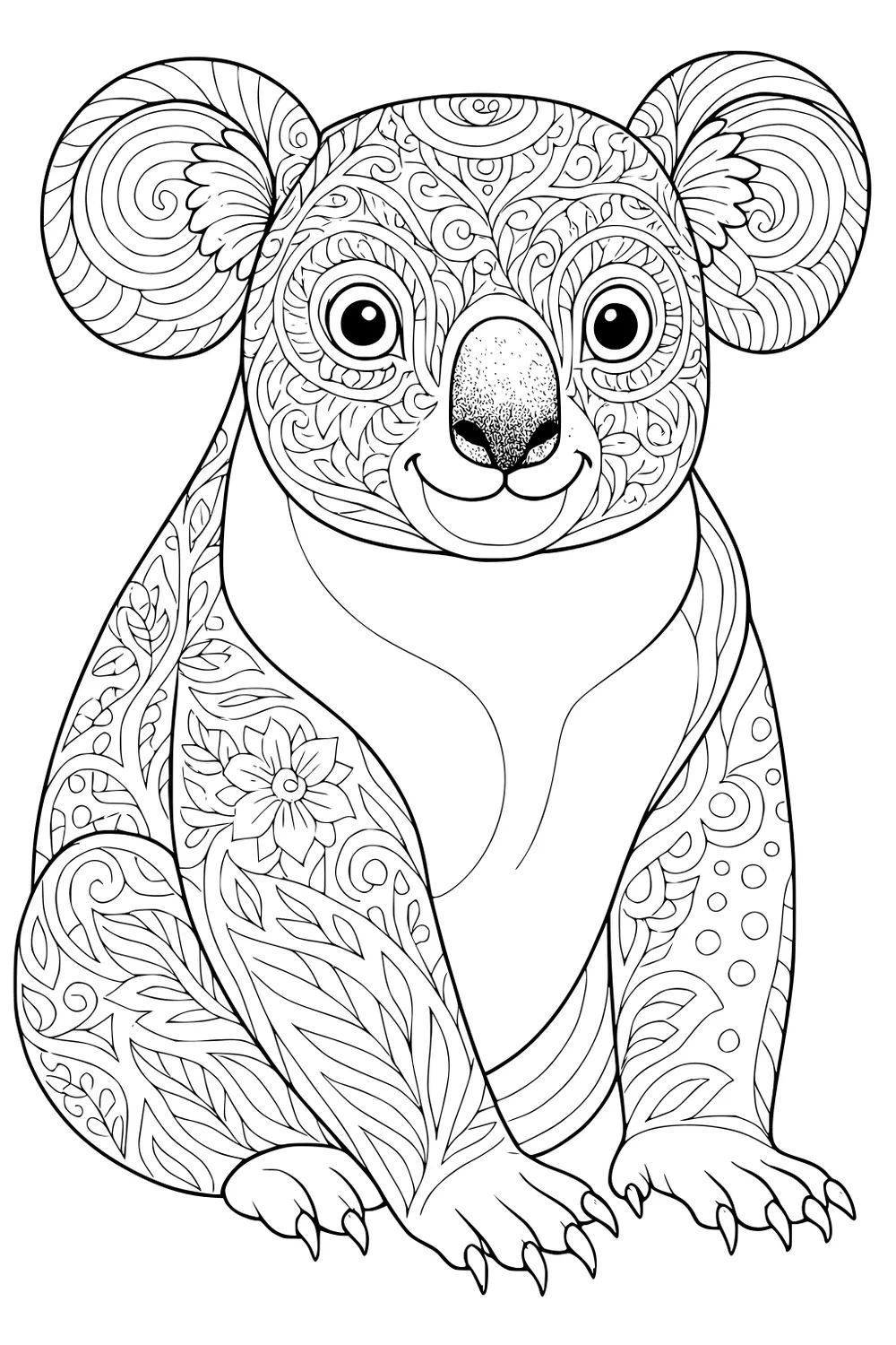 Front-facing koala with decorative swirls and flower patterns on fur and ears, seated with visible paws.