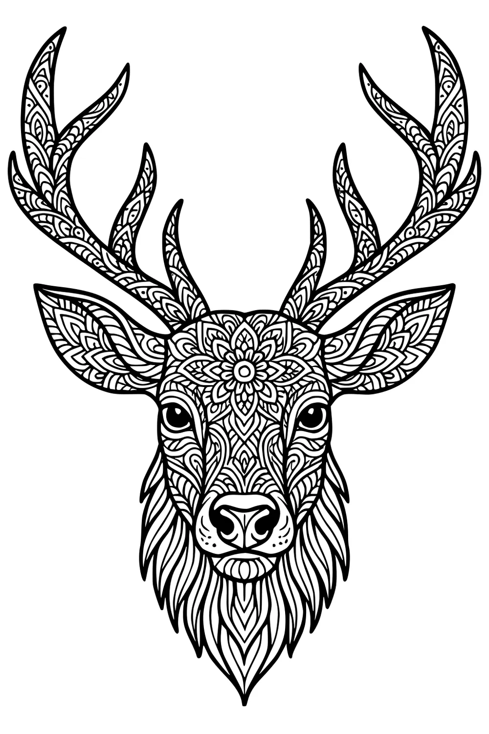 Stag deer head with large antlers and fur, filled with detailed leafy and geometric line patterns.