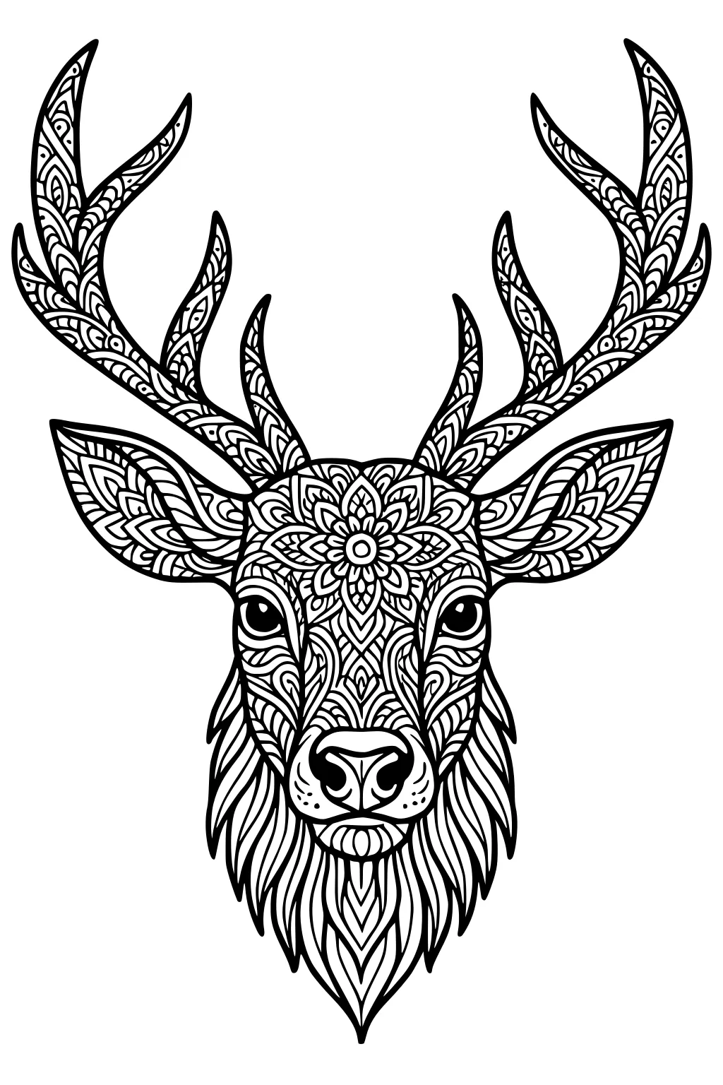 Stag deer head with large antlers and fur, filled with detailed leafy and geometric line patterns.