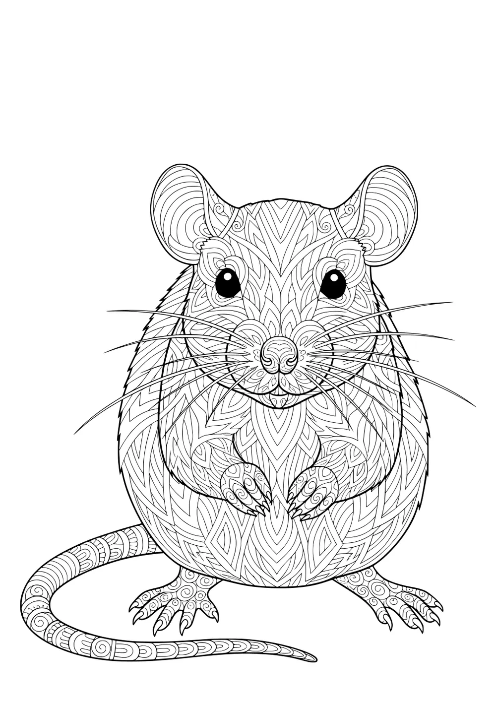 A round rat sitting upright, covered in detailed swirly lines and patterns, with big ears and a long, curled tail.