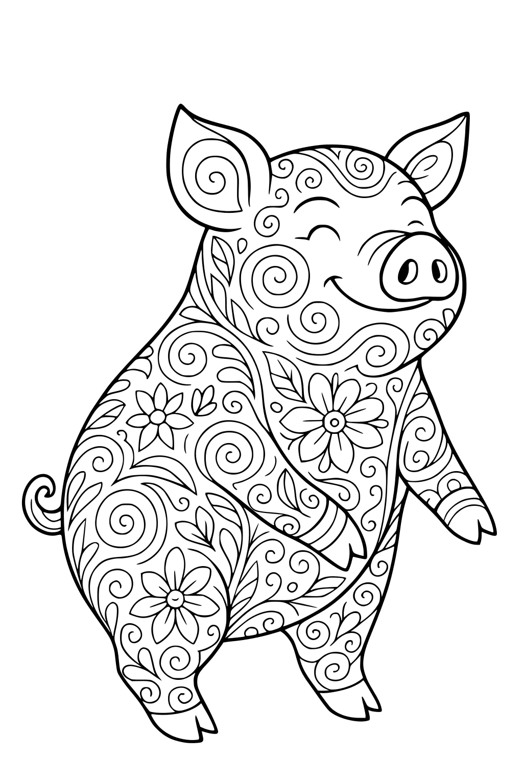Smiling pig with swirly flower and leaf patterns all over its body, standing and facing forward.