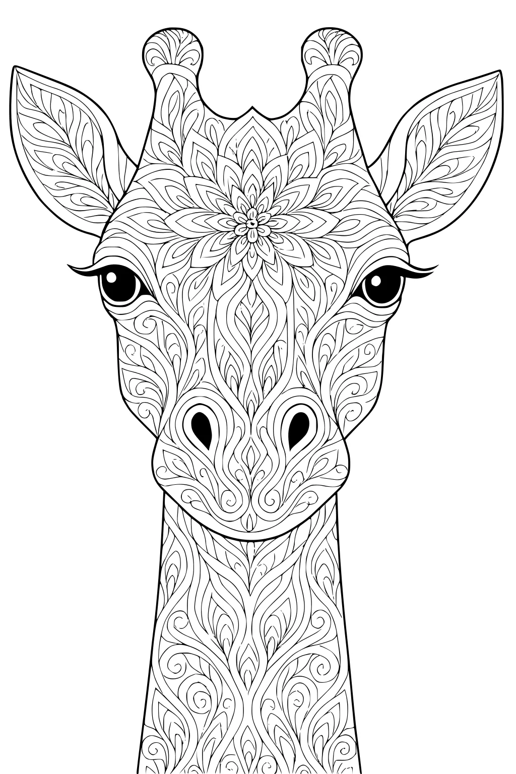 Detailed giraffe head with flower and leaf patterns filling its face, ears, and neck, featuring bold outlines and big eyes.
