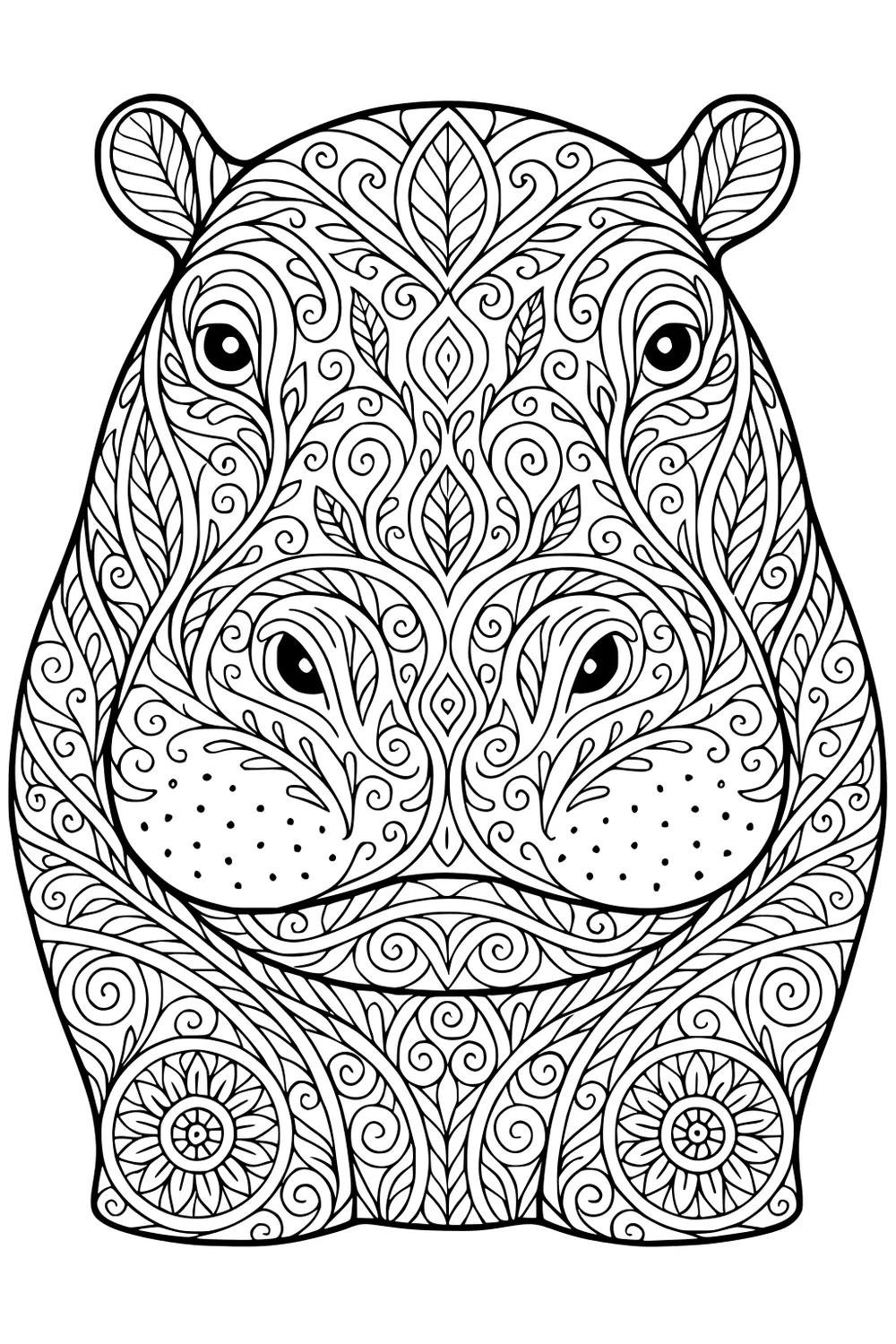 Detailed hippopotamus face with swirling leaf and flower patterns covering the whole head and ears.